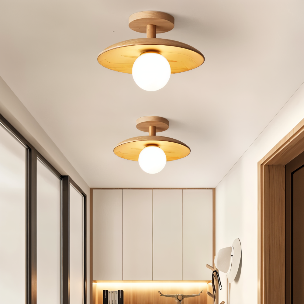 CentraOrb Trä Taklampa - Halvinfälld Lampa med Inbyggd LED Belysning
