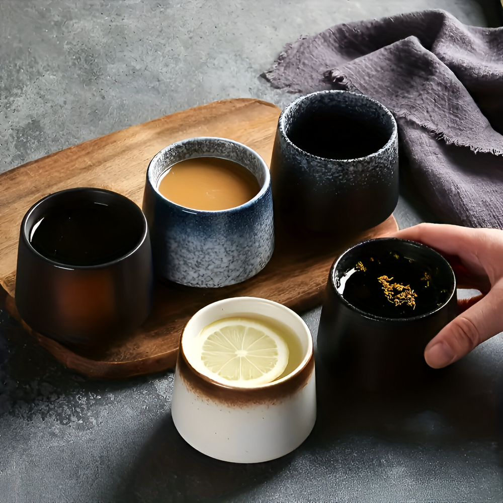 Keramiska Kaffekoppar Set (4-delar) – Nordisk Retro Design, Wabi-Sabi Muggar för Espresso & Te, Jordfärger