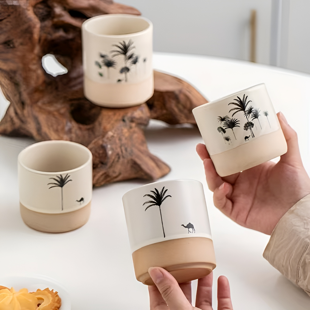 Keramik Kaffekoppset med Palmönster – 4 st. Espressokoppar – små kaffekoppar för espresso och te