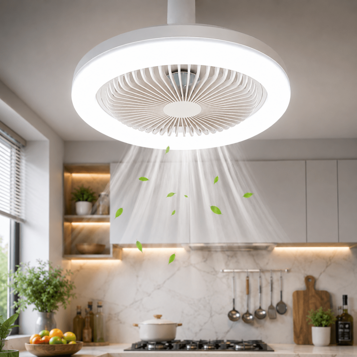 Takfläkt sedd framifrån med integrerad lampsockel