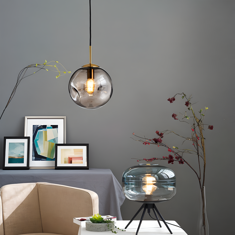 ChroDent Pendellampa - Rund Champagne Grå Glas LED Pendellampa - Vintage Wabi Sabi Belysning