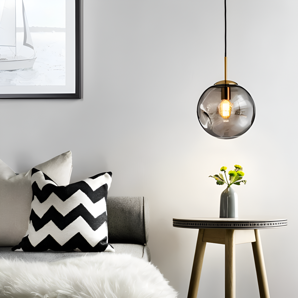 ChroDent Pendellampa - Rund Champagne Grå Glas LED Pendellampa - Vintage Wabi Sabi Belysning