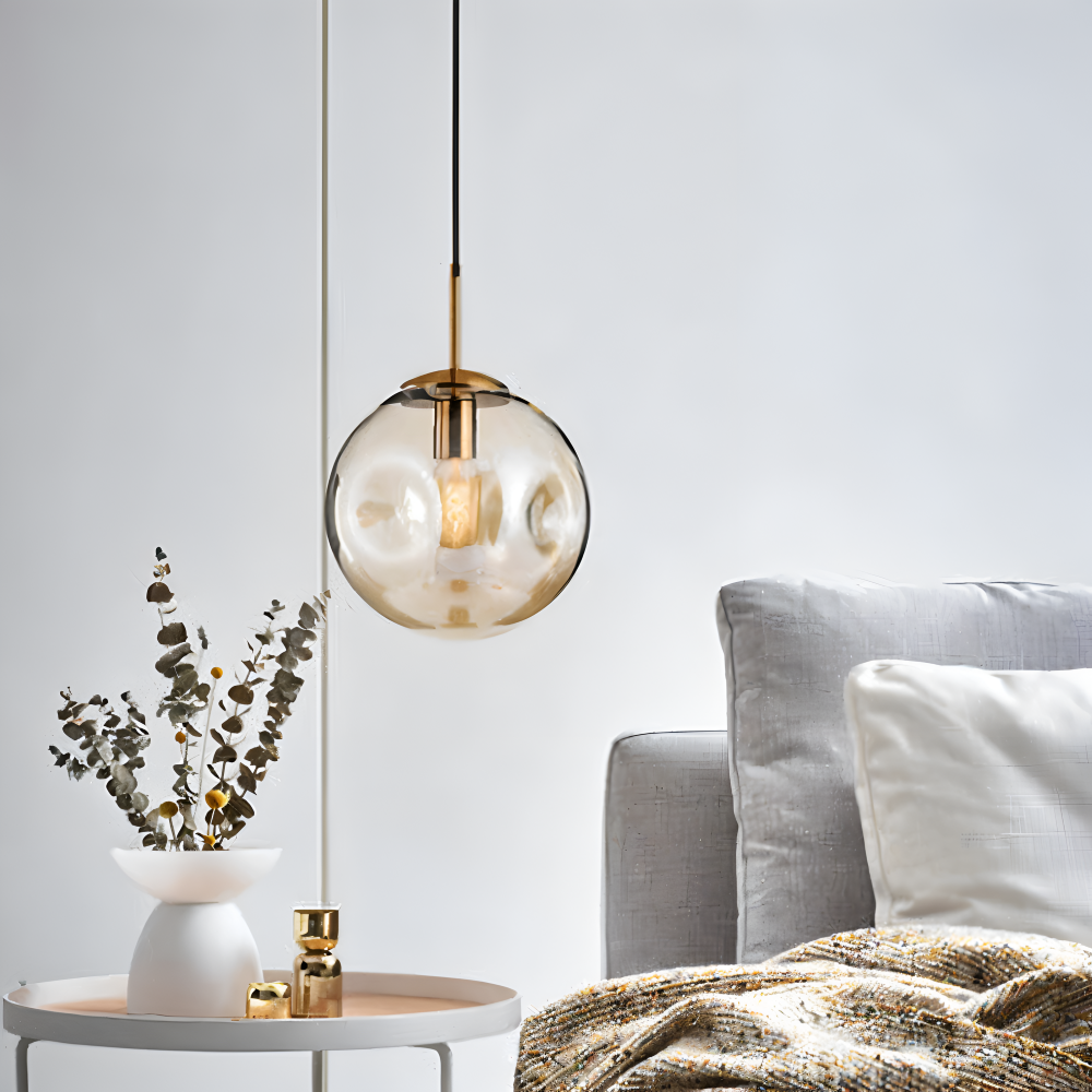 ChroDent Pendellampa - Rund Champagne Grå Glas LED Pendellampa - Vintage Wabi Sabi Belysning