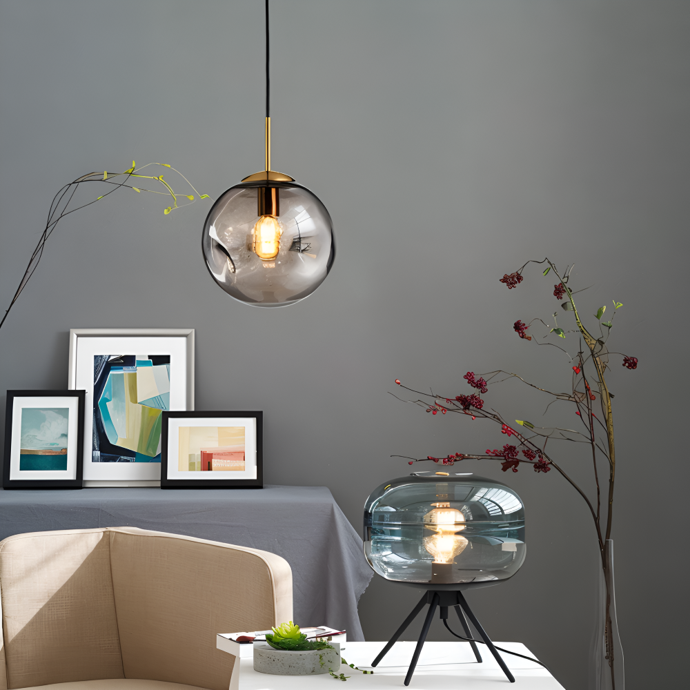 ChroDent Pendellampa - Rund Champagne Grå Glas LED Pendellampa - Vintage Wabi Sabi Belysning
