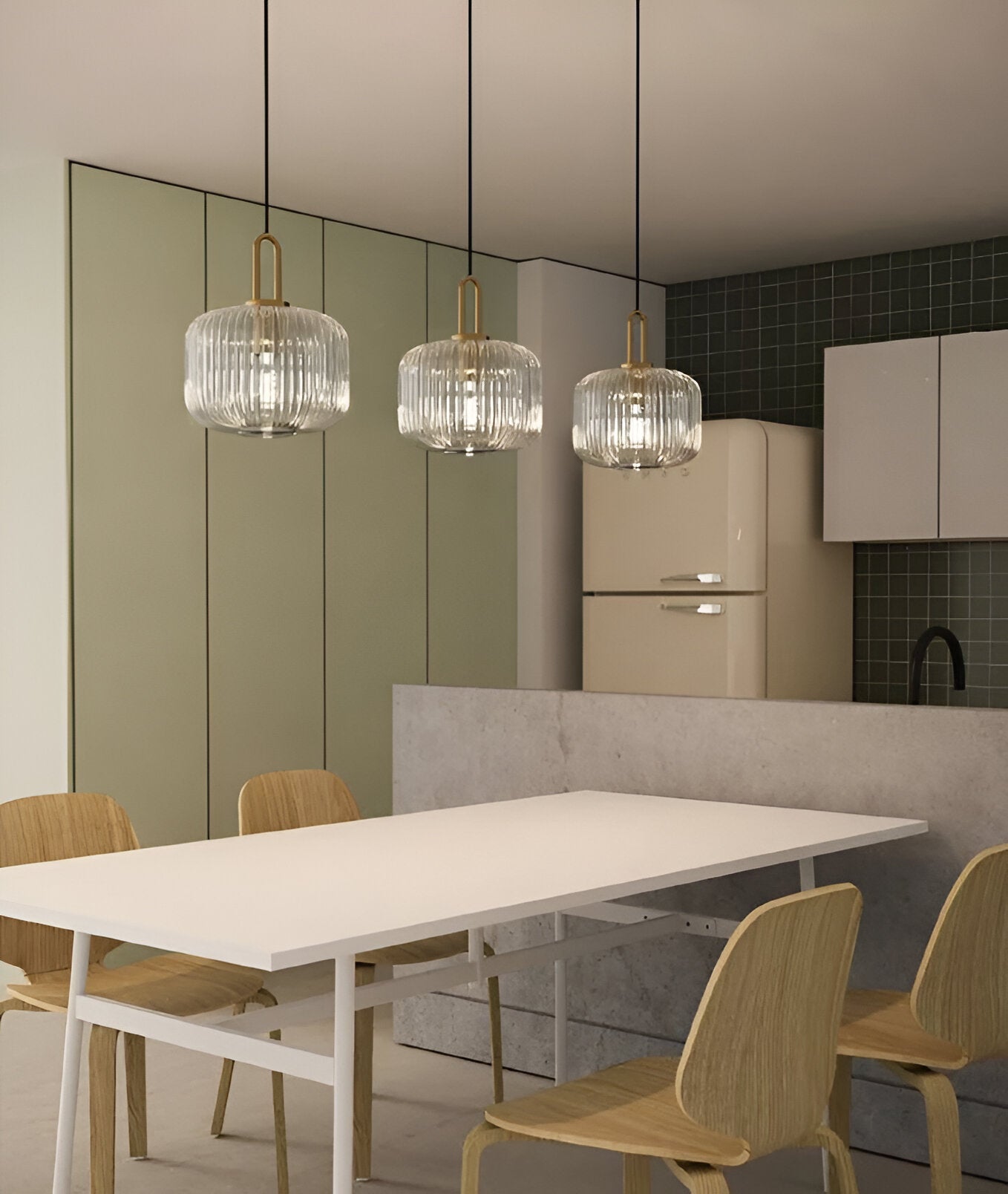 ClaChic Hänglampa - Vit & Guld Nordisk Ribbad Glas Pendellampa