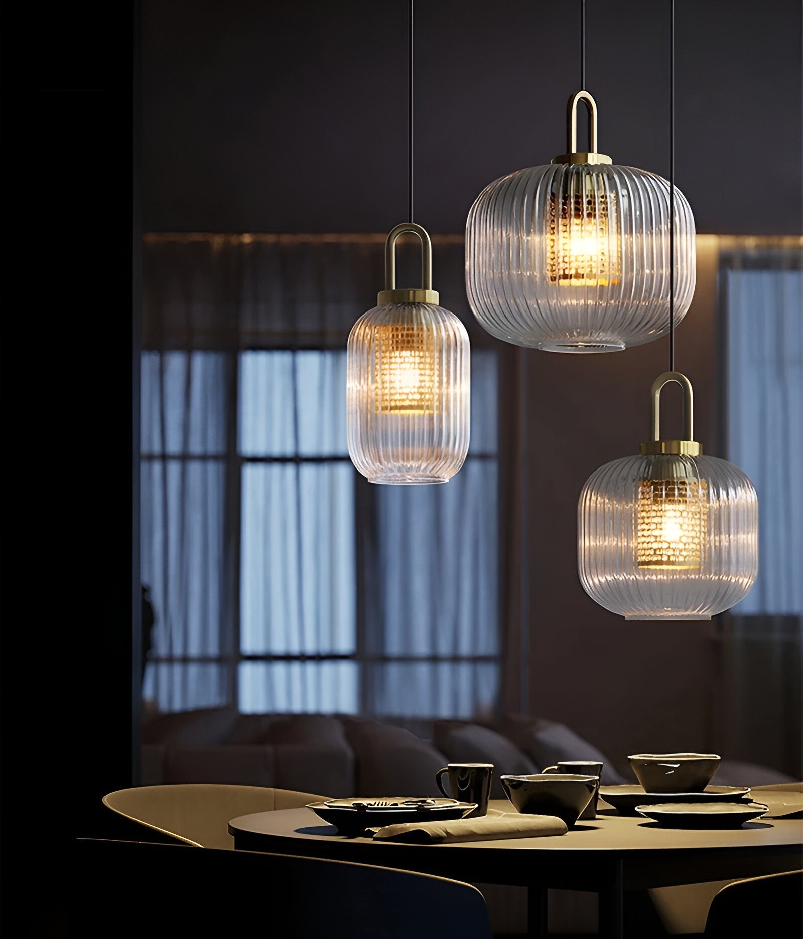 ClaChic Hänglampa - Vit & Guld Nordisk Ribbad Glas Pendellampa