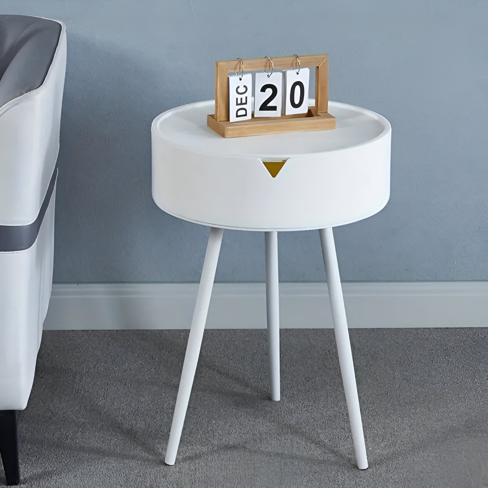 Samtida Krämfärgad Rund Sido Bord med Förvaring - Stilfull Sockeldesign, Bord med Metallram