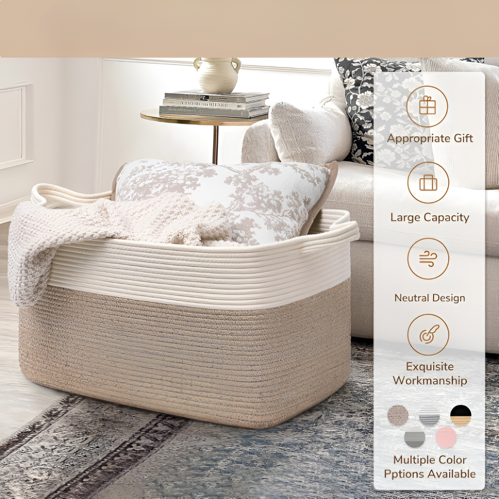 Bomullssnöre Förvaringskorg Rektangulär 65L – Stor Tvättkorg & Leksakslåda – 55x38x30cm