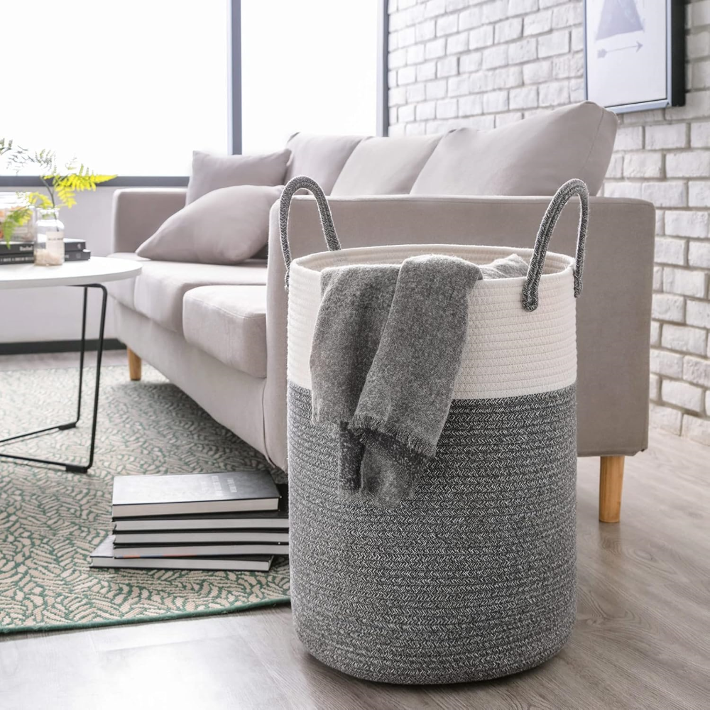 Tvättkorg i Flätad Bomull – 58L Stor Leklåda med Handtag, Fällbar, 38x50cm