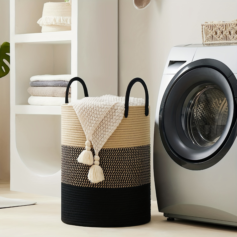 Tvättkorg i Flätad Bomull – 58L Stor Leklåda med Handtag, Fällbar, 38x50cm