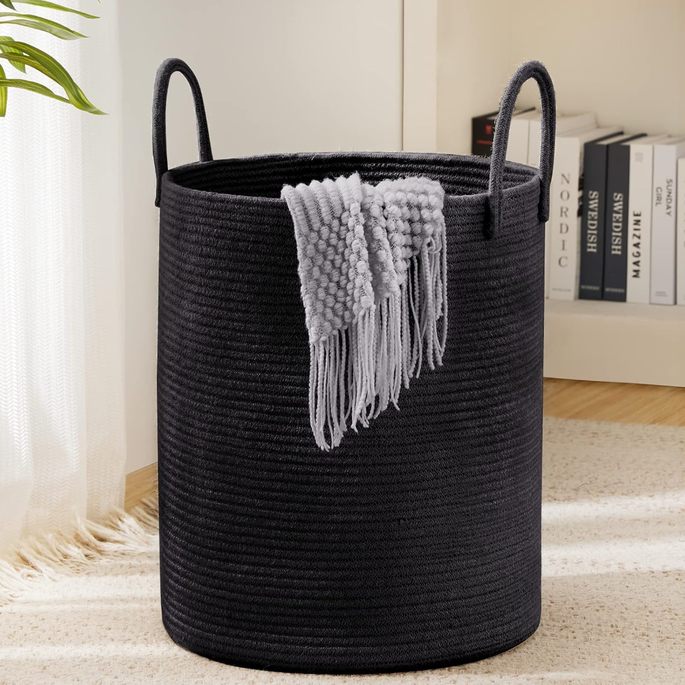 Tvättkorg i Flätad Bomull – 58L Stor Leklåda med Handtag, Fällbar, 38x50cm