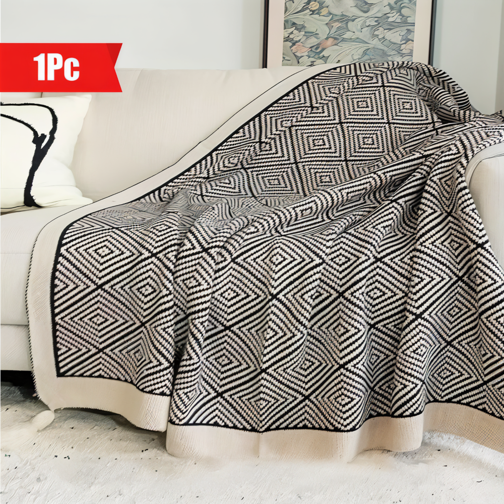 DecoDiamond Pläd - Svart Vit Geometrisk Polyester Fleece Täcke