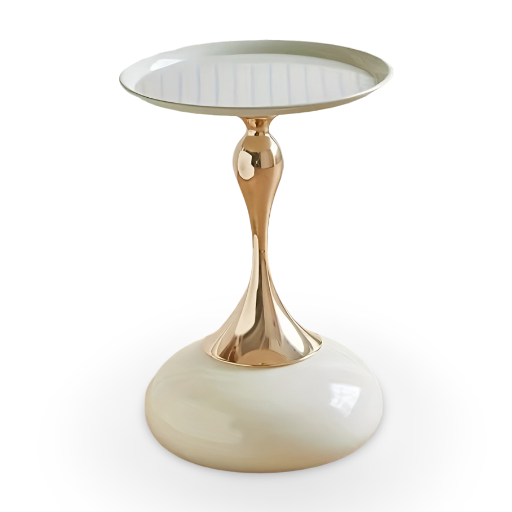 Elegant Rund Vit Sidobord med Guldbas - Samtida Minimalistiskt Metallbord