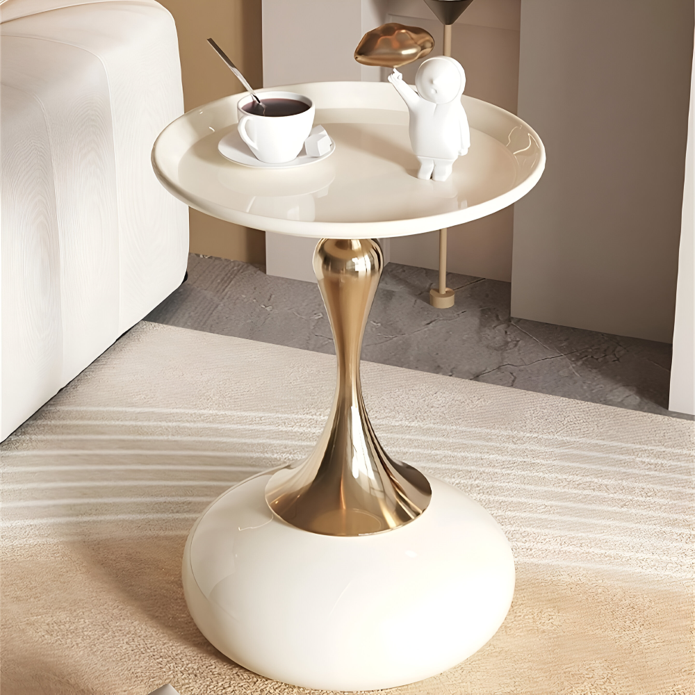 Elegant Rund Vit Sidobord med Guldbas - Samtida Minimalistiskt Metallbord