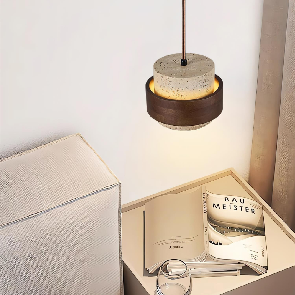 Elegant Travertin Sten Pendellampa – Cylindrisk Hänglampa i Japansk Stil