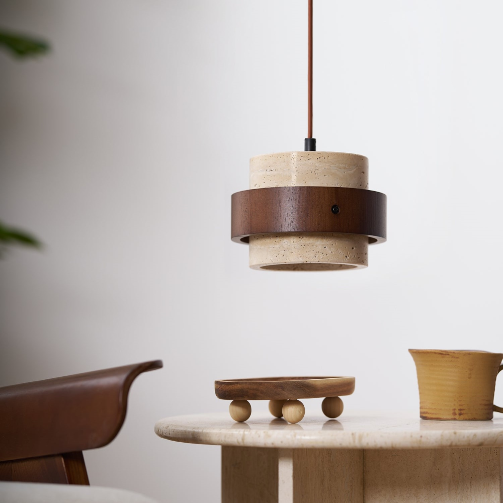 Elegant Travertin Sten Pendellampa – Cylindrisk Hänglampa i Japansk Stil