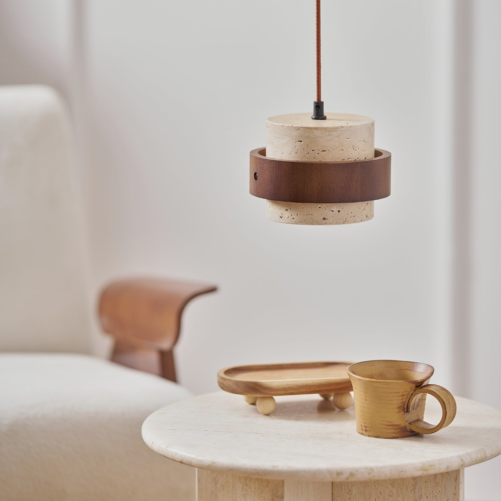 Elegant Travertin Sten Pendellampa – Cylindrisk Hänglampa i Japansk Stil