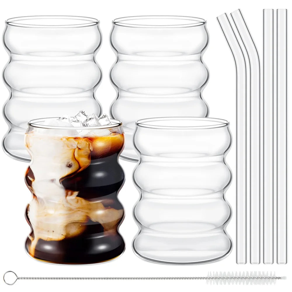 Elegant 4-delat set med glasmuggar - Genomskinliga räfflade dricksglas med sugrör för cocktails och frukt 0