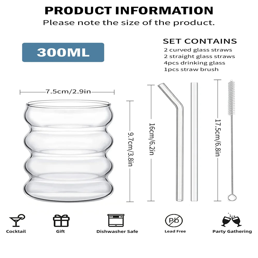 Elegant 4-delat set med glasmuggar - Genomskinliga räfflade dricksglas med sugrör för cocktails och frukt 5