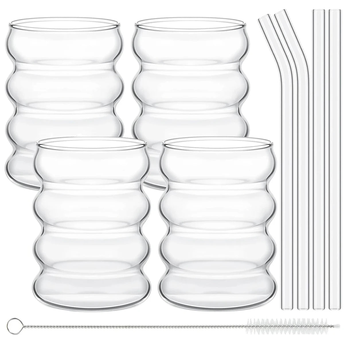 Elegant 4-delat set med glasmuggar - Genomskinliga räfflade dricksglas med sugrör för cocktails och frukt 6