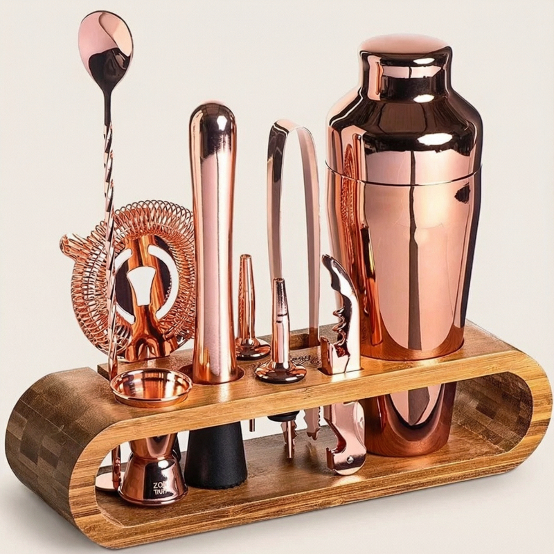 Elegant Cocktailset i 10 Delar - Robust Kombination av Rostfritt Stål och Bambu för Eleganta Hemmabarer 7