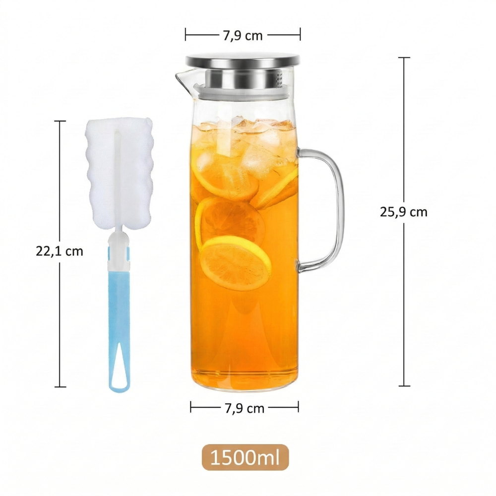 Elegant Cylindrisk Glaskanna - Värmebeständigt Borosilikatglas för Drycker, 1500 ml 6
