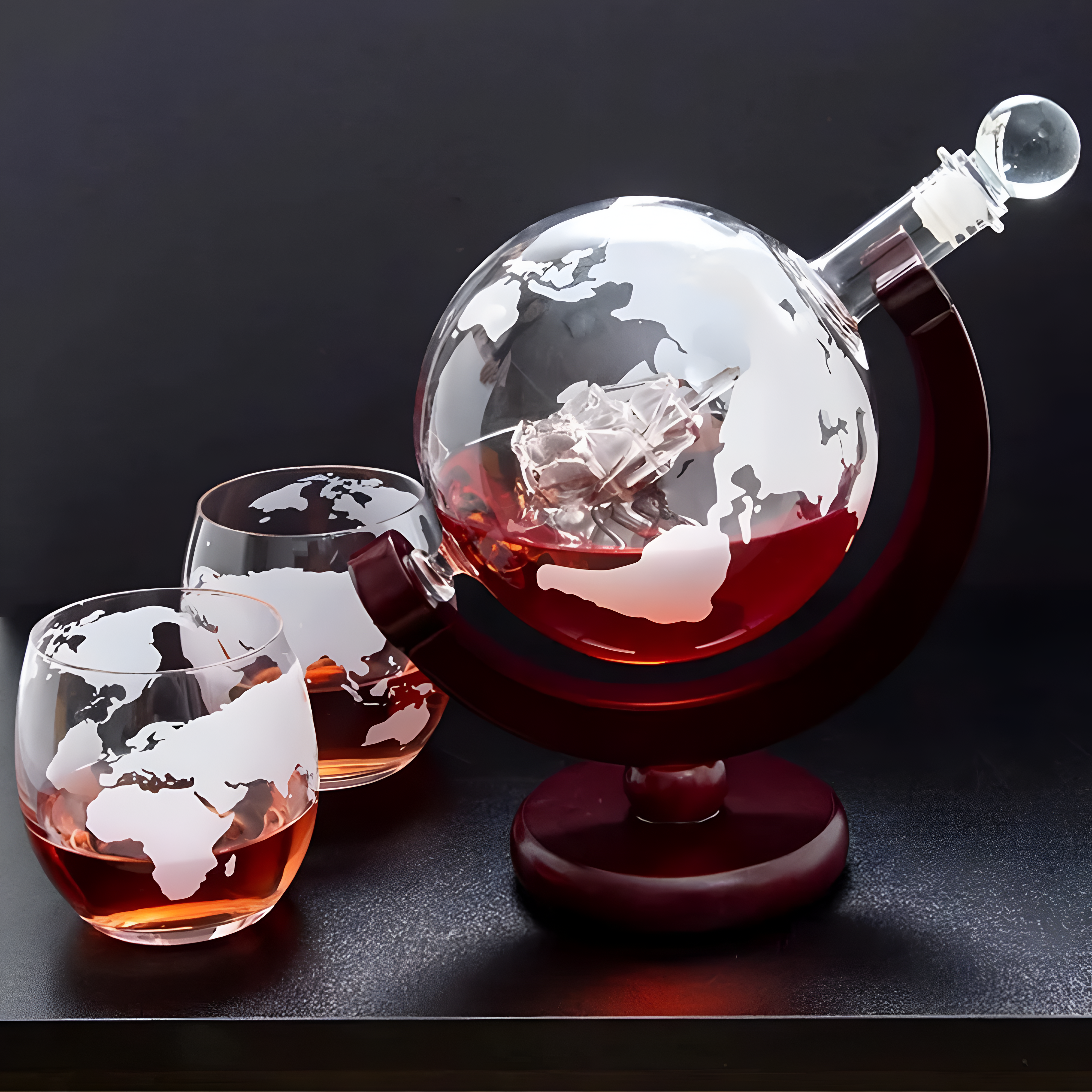 Elegant Globe-karaffset - 900 ml blyfri karaff med träställ och 2 glas för whiskyälskare 3