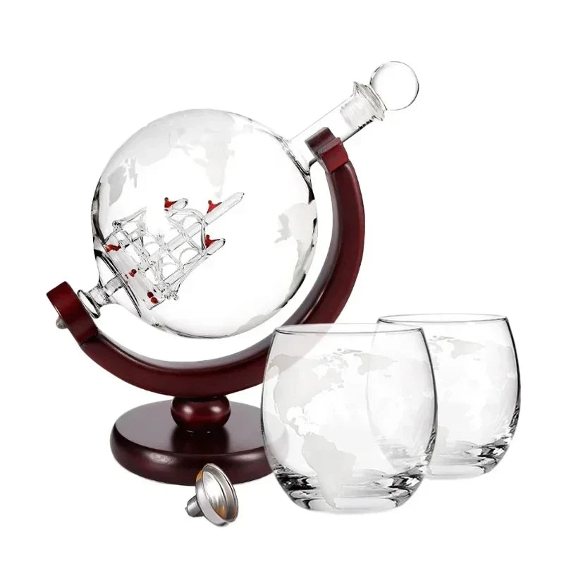 Elegant Globe-karaffset - 900 ml blyfri karaff med träställ och 2 glas för whiskyälskare 5