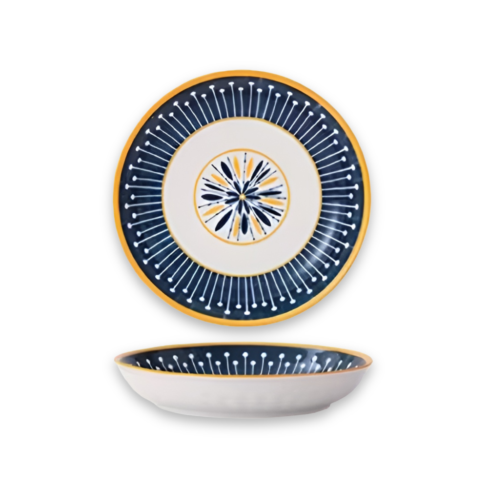 Elegant Handmålad Tallrik Set - Set Om 4 Porslin I Marinblått Med Gulddetaljer 11