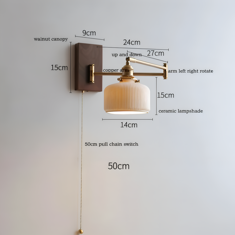 EzyGlow Vägglampa - Stilig Keramisk Ribbad Vägglampa - Justerbara LED Vägglampor med Dragkedjeomkopplare