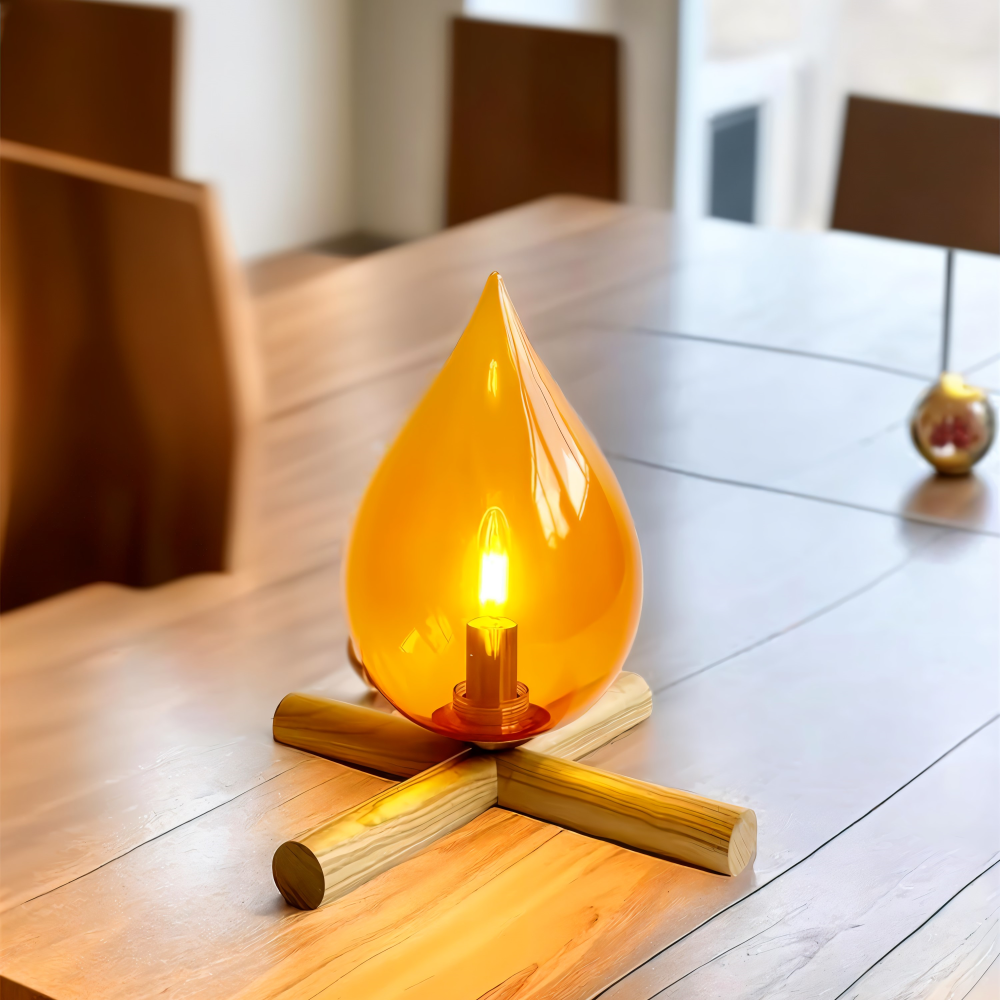FireFlare Bordslampa - Lägereld Flamma Lampa LED med Träfot