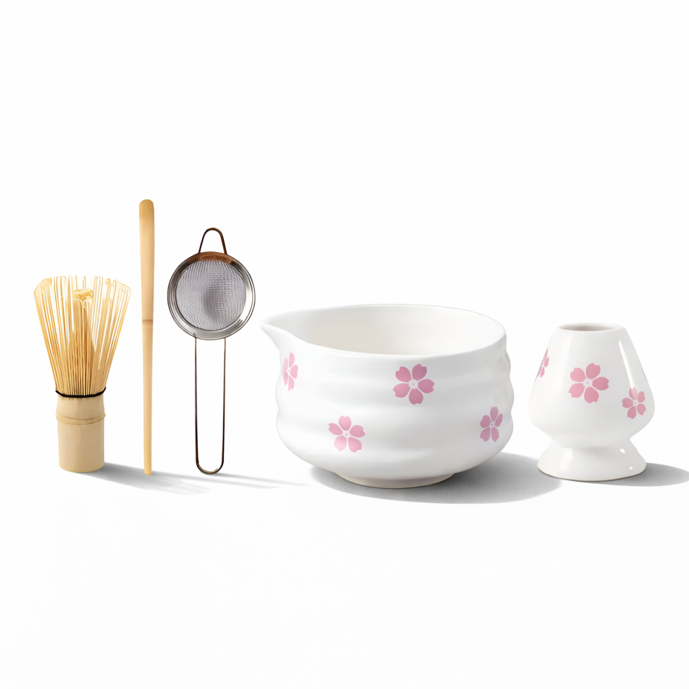 Floral Matcha Set Vit (5-delat) med Hällskål, Chasen Bambusvisp & Hållare – Keramisk Tezeremonisett