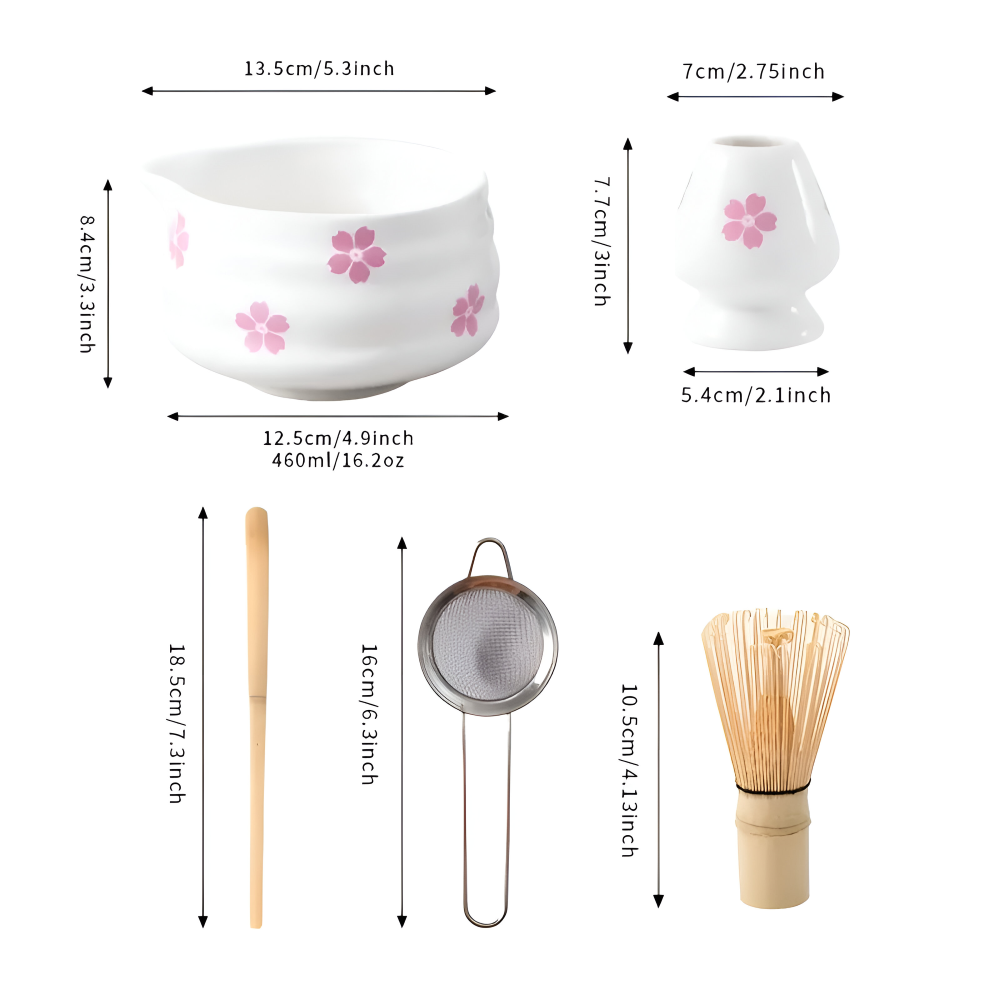 Floral Matcha Set Vit (5-delat) med Hällskål, Chasen Bambusvisp & Hållare – Keramisk Tezeremonisett