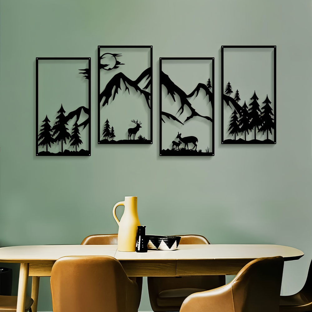 ForestPeaks Väggdekoration - 4 Stycken Svart Metallväggkonst - Abstrakt Bergkonst