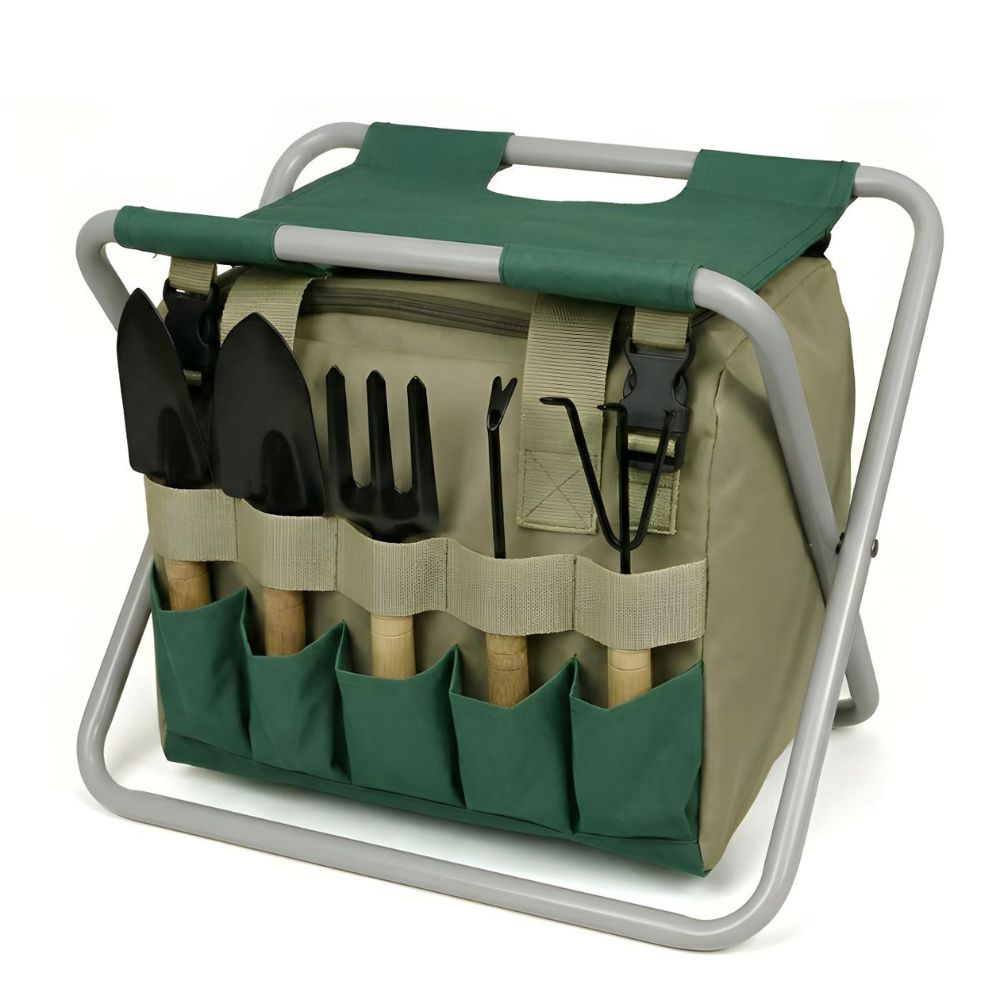 Gårdsverktygsset, 6 delar, med hopfällbar pall och bärväska – trädgårdsmöbler med handverktyg