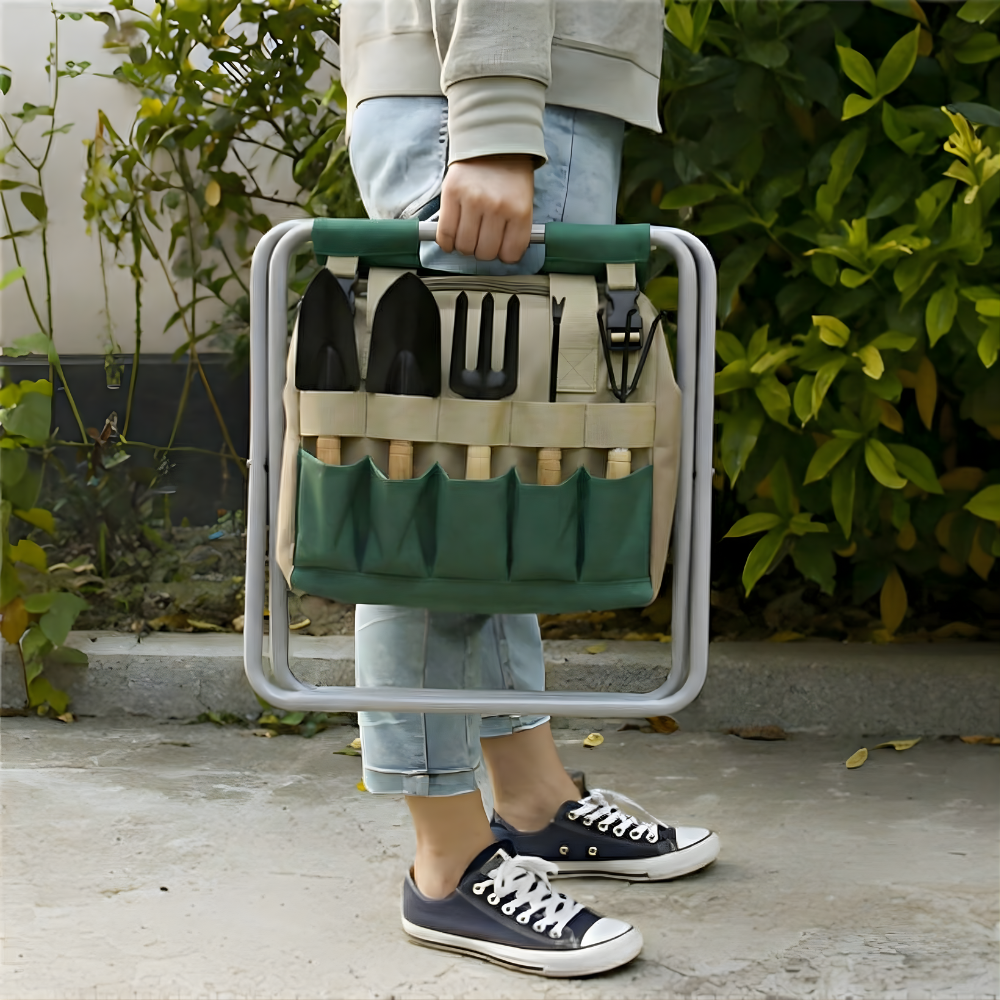 Gårdsverktygsset, 6 delar, med hopfällbar pall och bärväska – trädgårdsmöbler med handverktyg