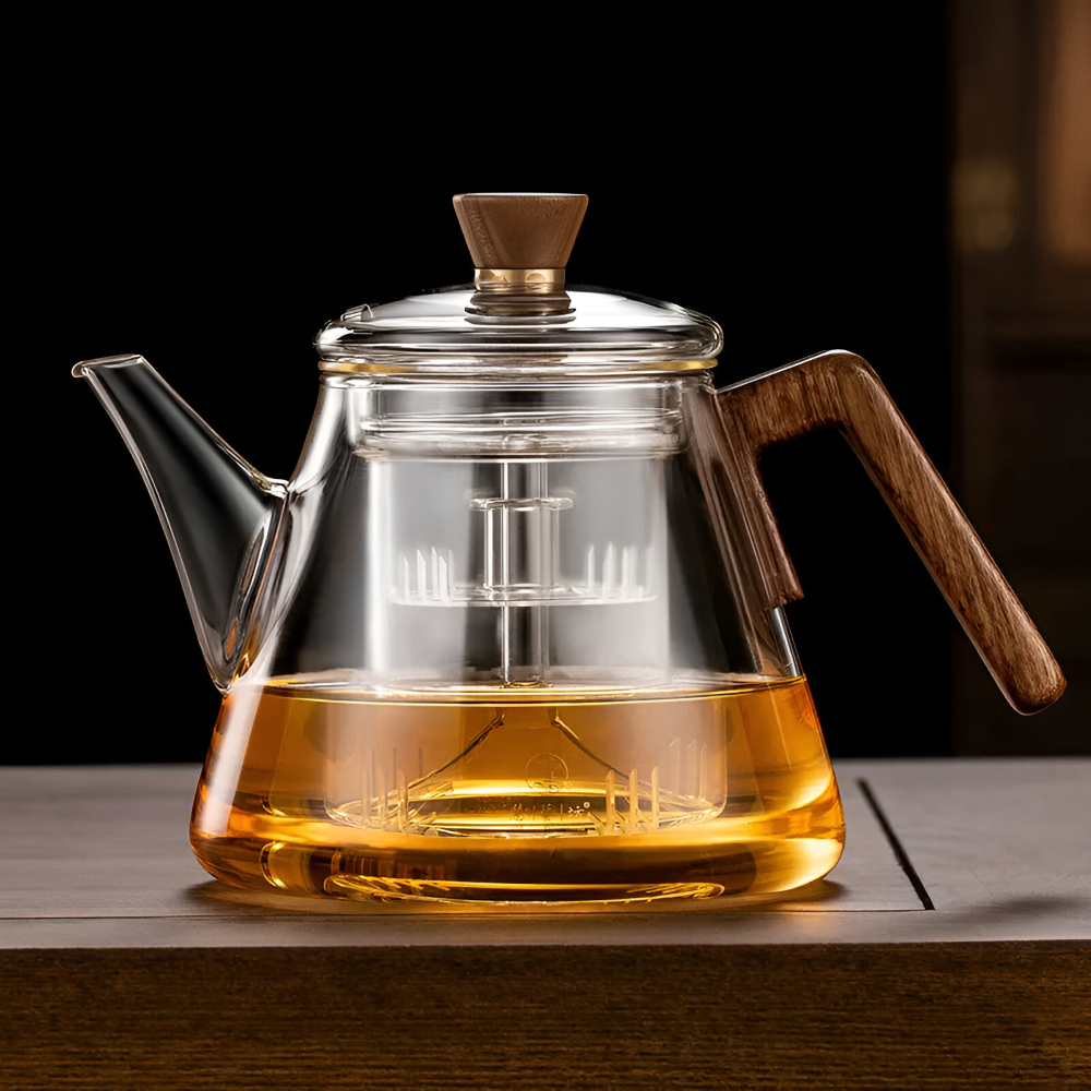 Glas Tekanna 900ml med sil - Borosilikatglas Teebryggare med Trähandtag och Lock