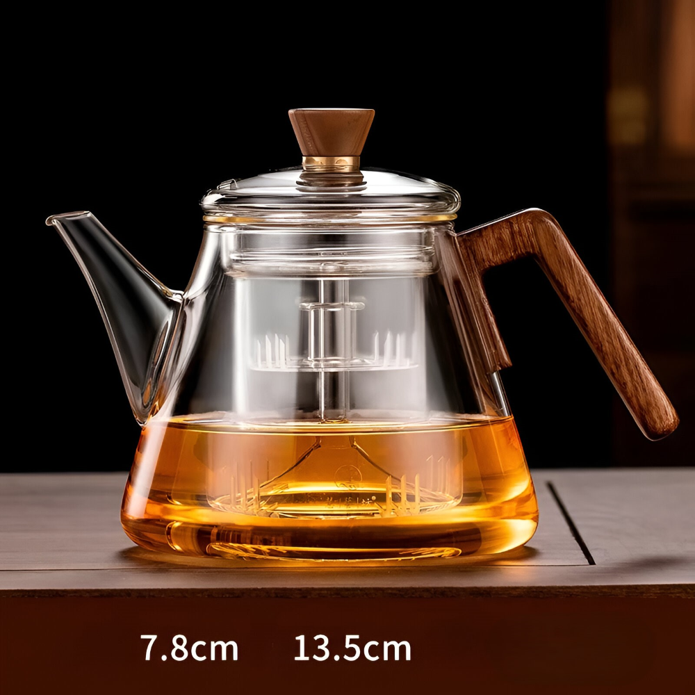 Glas Tekanna 900ml med sil - Borosilikatglas Teebryggare med Trähandtag och Lock