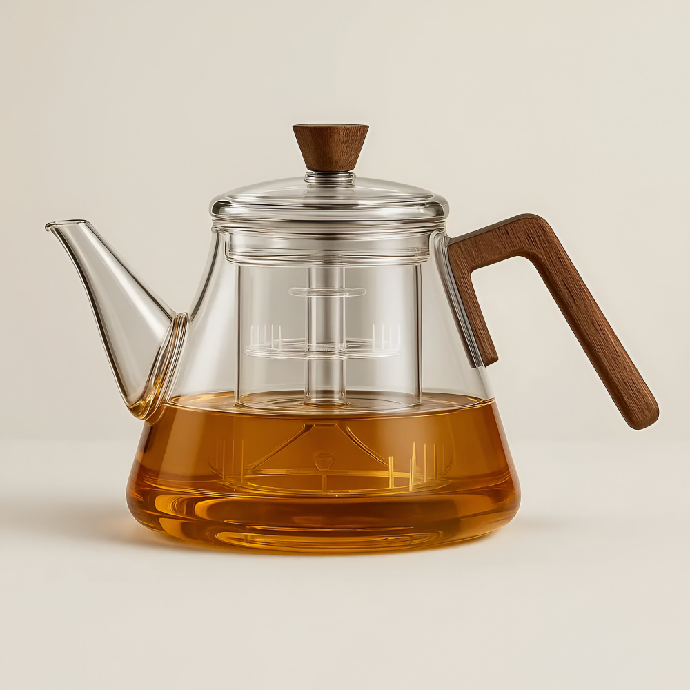 Glas Tekanna 900ml med sil - Borosilikatglas Teebryggare med Trähandtag och Lock