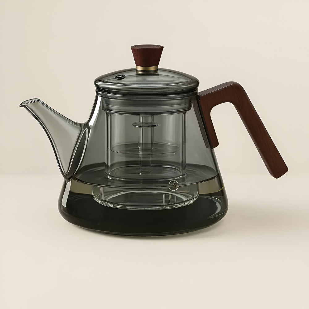 Glas Tekanna 900ml med sil - Borosilikatglas Teebryggare med Trähandtag och Lock