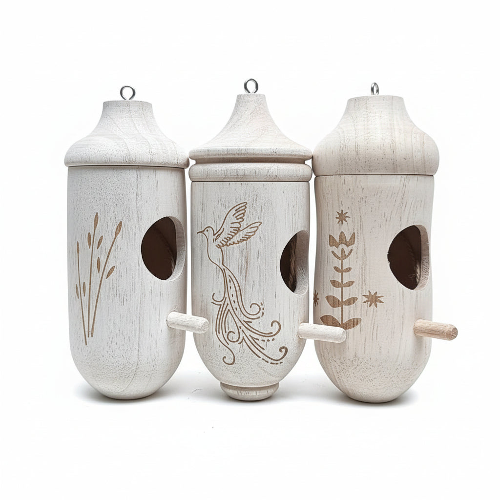 Tre hängande fågelholkar i naturträ med graverade motiv