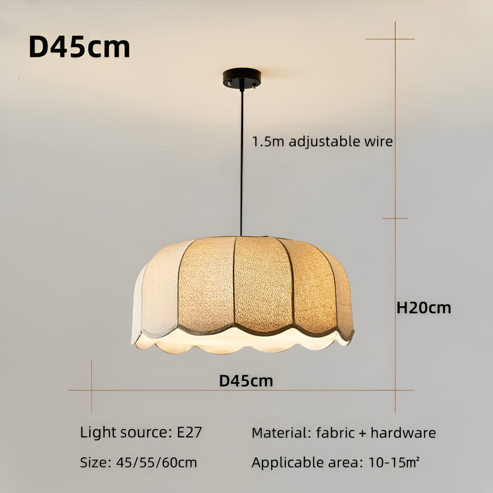 Beige Pendellampa i Tyg – Handgjord, Justerbar, Vågig Design, 45–60 cm