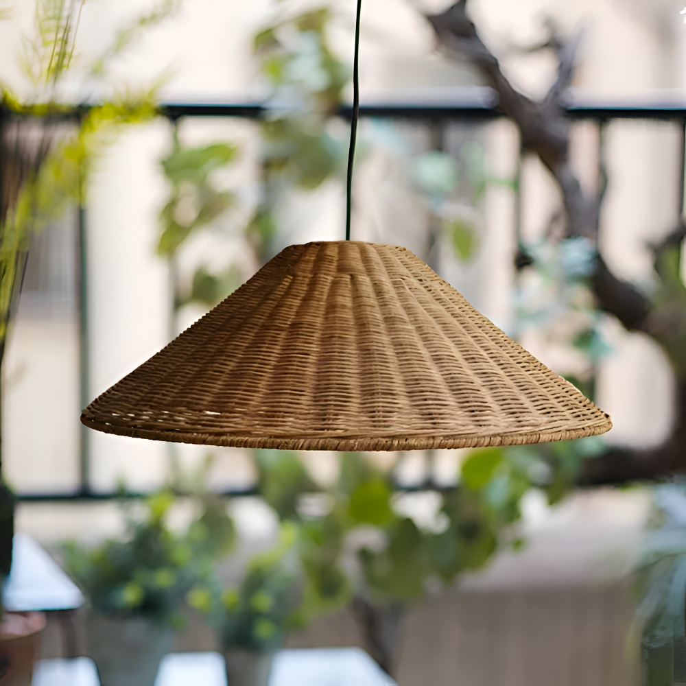 HatWicker Pendellampa - Hänglampa i brun-beige kon-rattan – nedåtriktat ljus