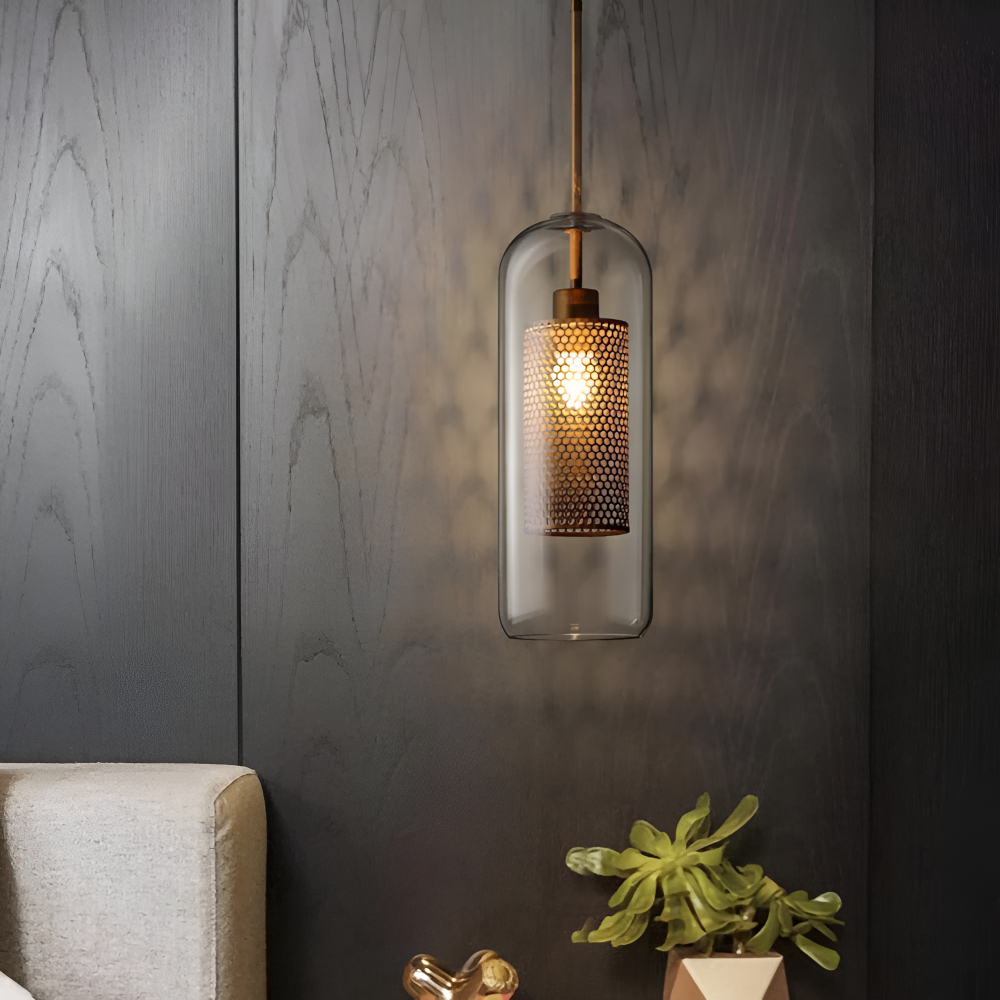 HiveGlim - Geometrisk glas hänglampa med bikakdesign - Vintage loftbelysning
