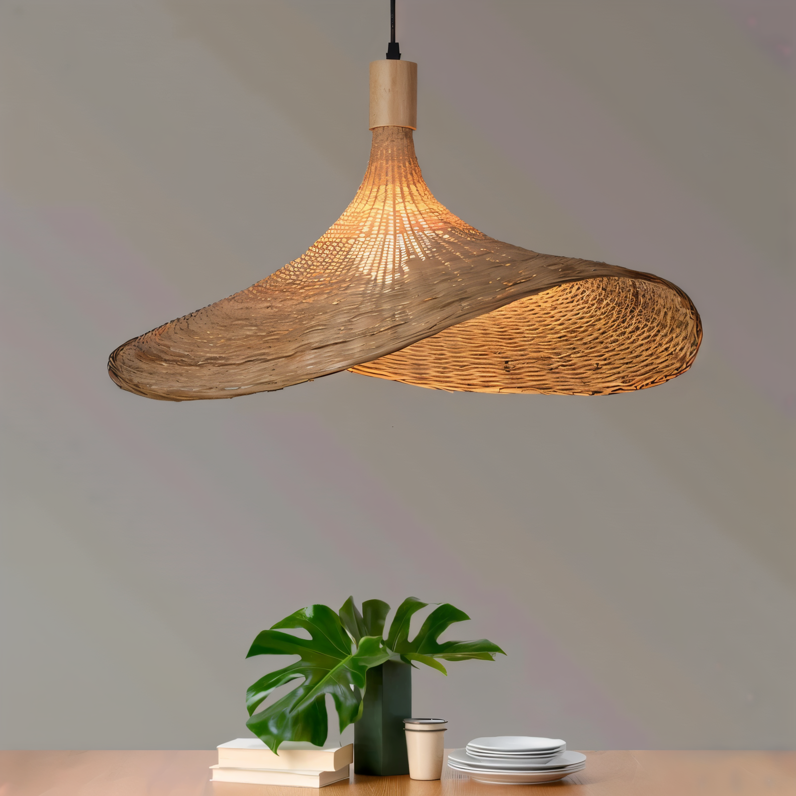 BambWicker Pendellampa - Konstfullt Handgjord Rattan Hänglampa