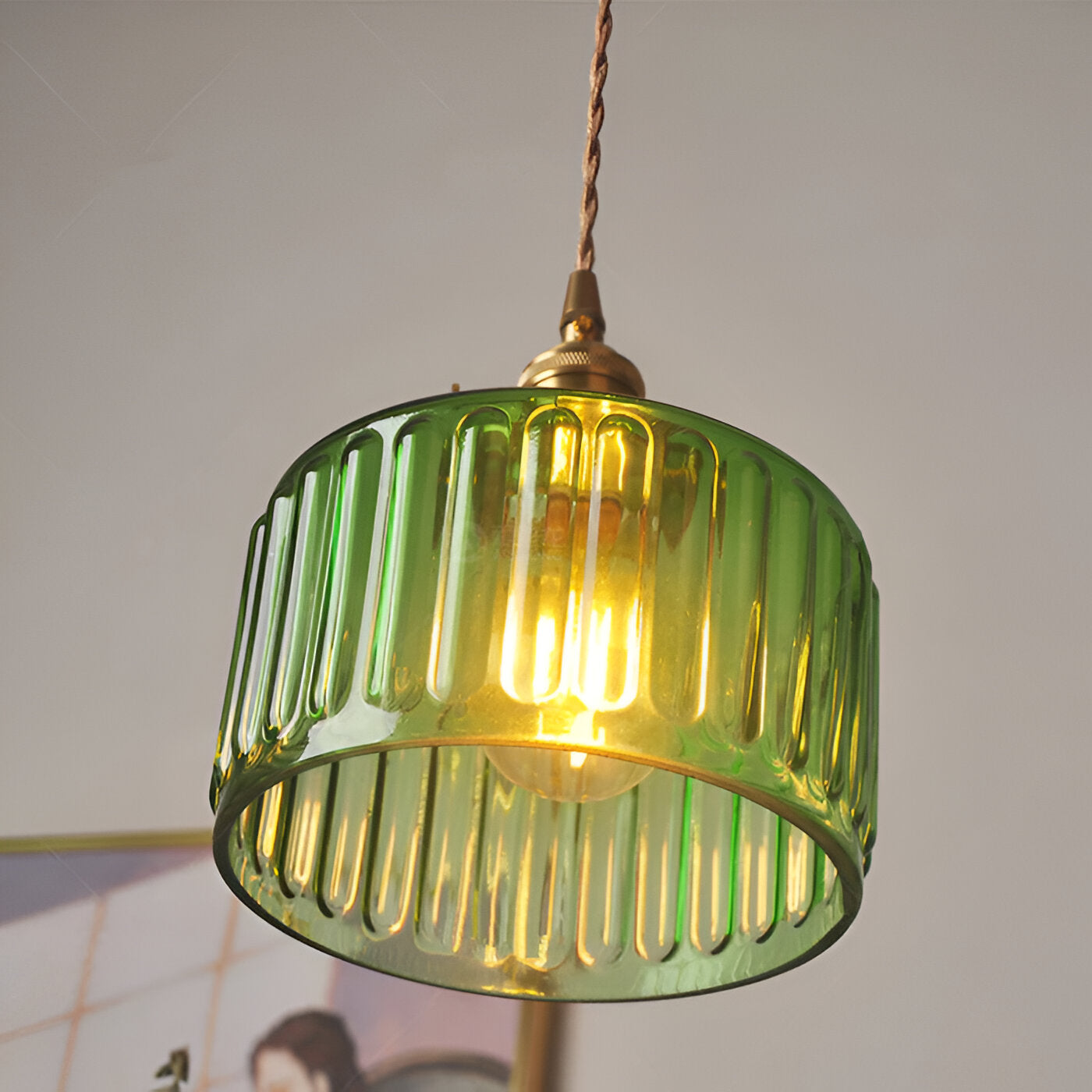 GlamourGlass Pendellampa - Vintage Grön Hänglampa - Cylindrisk Lampa
