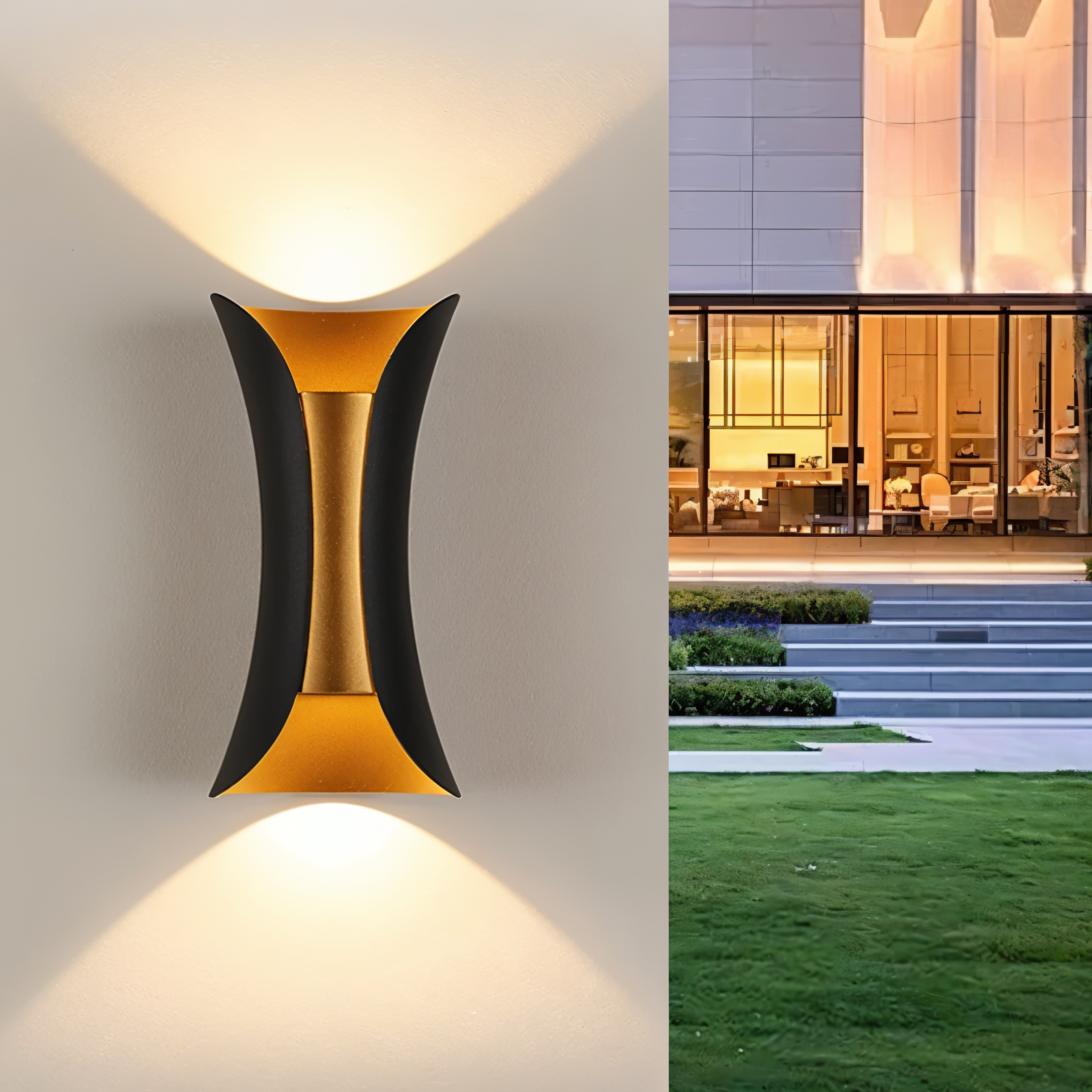 TwinBeam Vägglampa - Dubbelhuvud LED Vägglampa - Svart/Guld Vattentät Utomhuslampa
