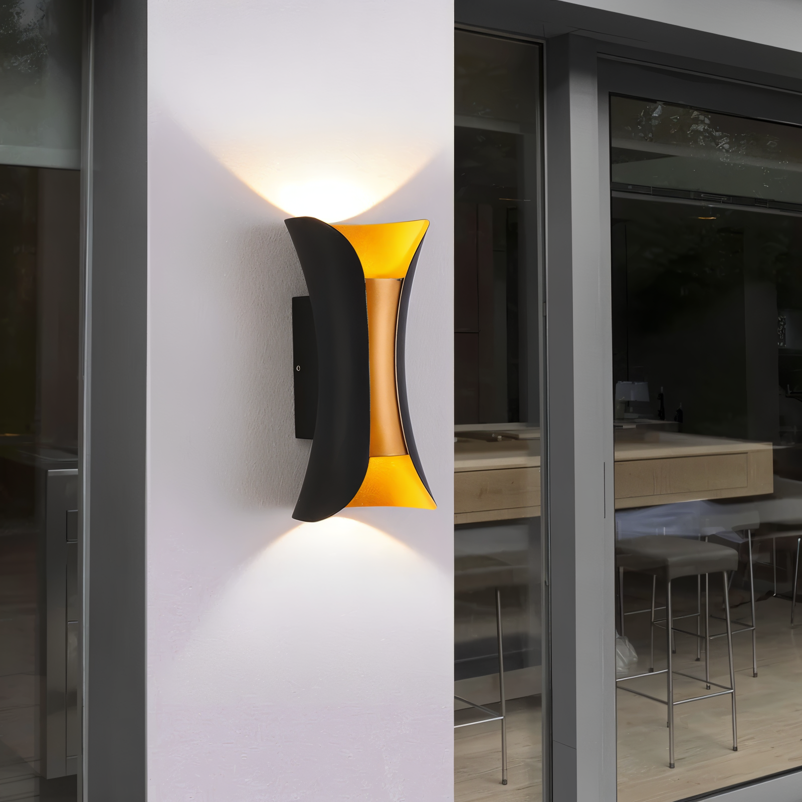 TwinBeam Vägglampa - Dubbelhuvud LED Vägglampa - Svart/Guld Vattentät Utomhuslampa