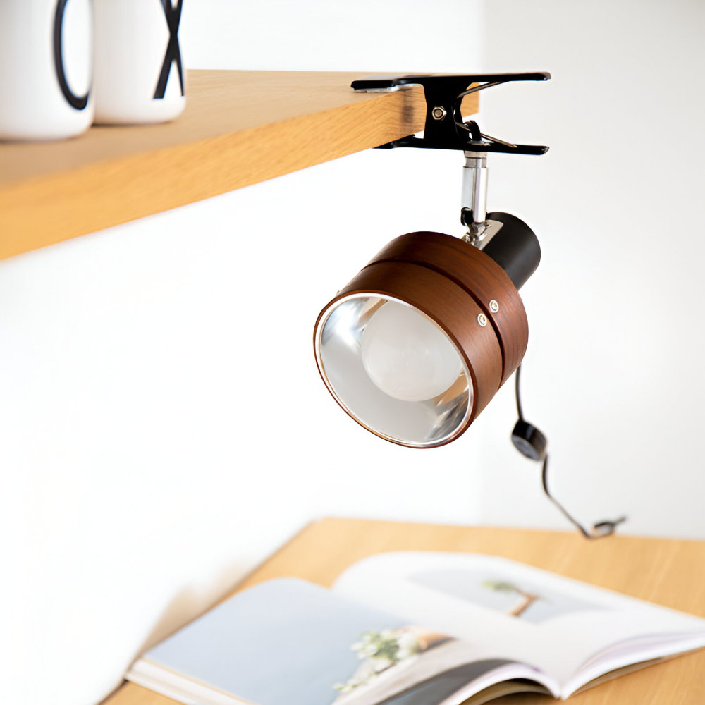 Japanskinspirerad Justerbar Klämma Skrivbordslampa - Rund Trä- och Järn Bordslampa med Akrylskärm