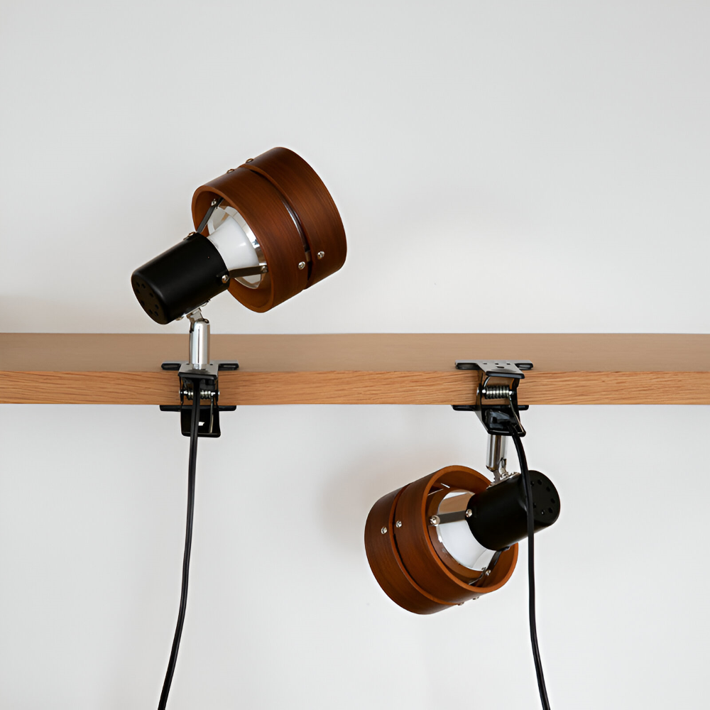 Japanskinspirerad Justerbar Klämma Skrivbordslampa - Rund Trä- och Järn Bordslampa med Akrylskärm